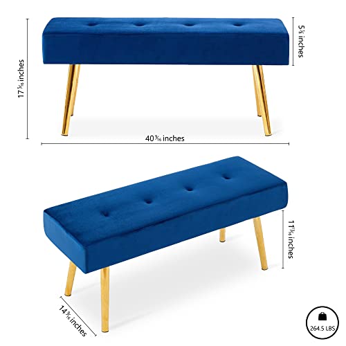 Nordicana Ottoman Bench, Upholstered Bedroom Benches Velvet Living Room Footrest Stool With Gold Metal Legs For Entryway Dining Room Bedroom End Of Bed, Navy Blue #TOP1