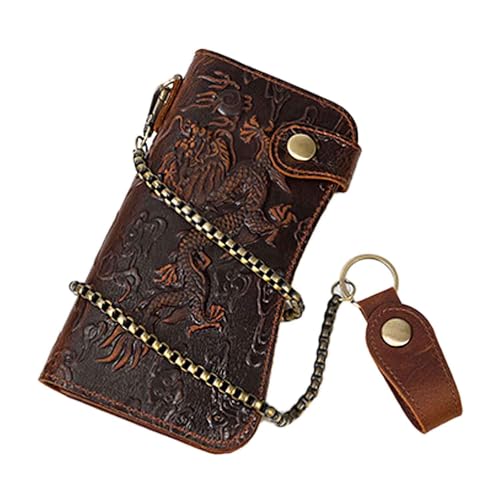 1 Pcs Genuine Leather RFID Blocking Long Wallets Chain Wallet Vintage Long Bifold Wallet Checkbook Wallet Cowboy Wallet for Coin Checks, Mobile Phone Travel (Dragon pattern)