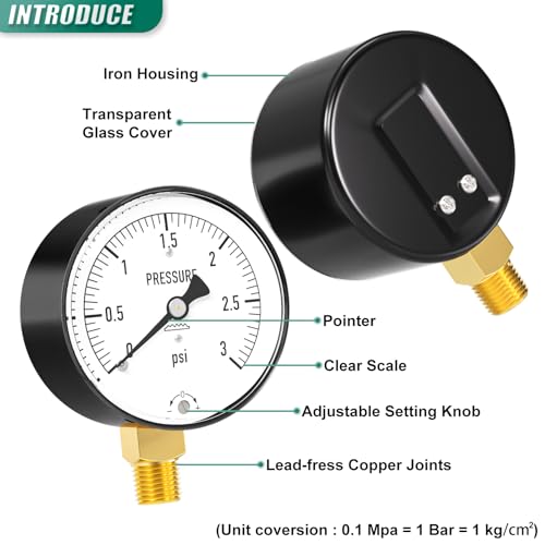 Image of 0-3PSI Diaphragm Type Capsule Low Pressure Gauge 2-1 /3 inch Dial Size, 1 /4 inch NPT Lower Mount, Adjustable Water Column Gauge, for Pressure Testing with Air, Gas, Water, and Other Liquids