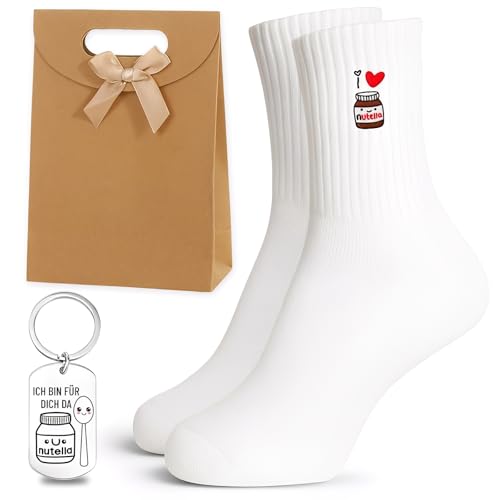 Snyvpra Geschenk Für Nutella-Liebhaber Set - 100% Baumwolle Nutella Socken Mit Stickerei Und Schlüsselanhänger, Lustige Socken, Nutella Geschenke, Geschenk Für Freundin 36–44