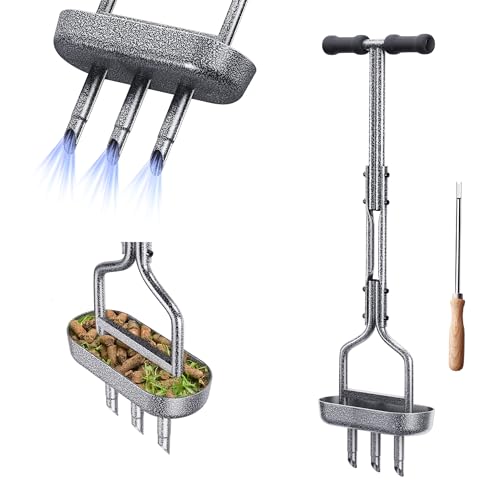 SUNEOWALY Rasenlüfter, Manuell Aerifizierer für Rasen Hohlspoon mit Ovalem Rahmentablett, T-Griff Rasenspecht Heavy Duty Handvertikutierer Belüften für Rasen oder Hof, Schwarz Griff