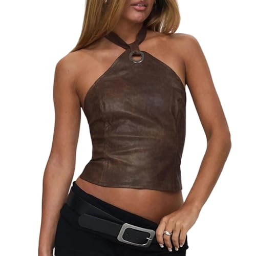 Women Y2K PU Leather Backless Ring Halter Tank Top Trendy Sleeveless Off Shoulder Lace Up Back Crop Cami Clubwear