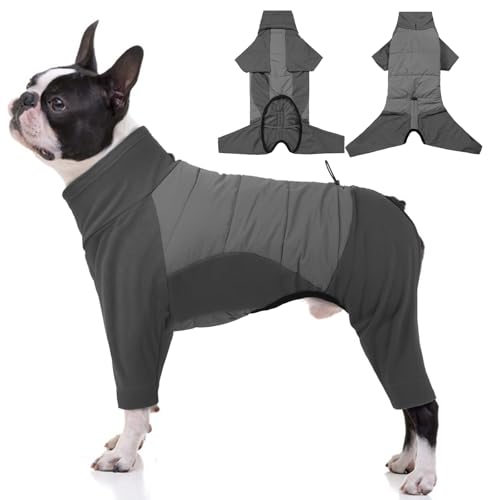 Image of BRKURLEG Full Body Dog Winter Coat Warm Fleece Pullover Pajamas, Four Legs Covered Windproof Dog Jacket for Small to Large Dogs, Turtleneck Dogs Snowsuit, Pet Cold Weather Clothes, Grey M