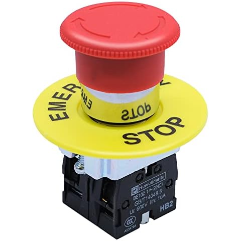 mxuteuk 2NC 22mm Emergency Stop Push Button Switch Red Mushroom Equipment e Stop Shut Off Switch AC 660V 10A HB2-BS544 Cover