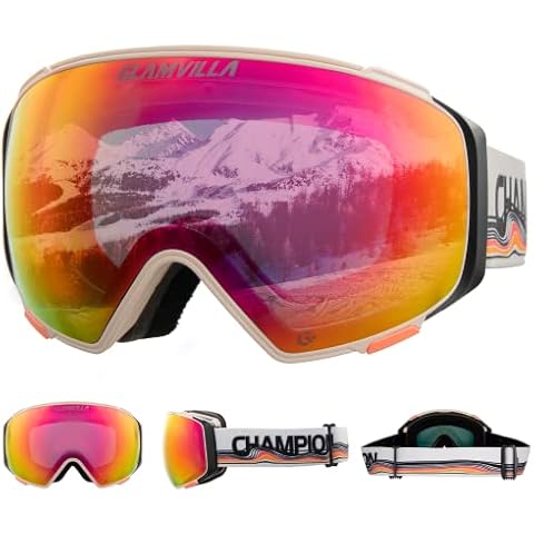 GLAMVILLA Ski Goggles for Men and Women, Unisex Large Snow Goggles with Magnetic Interchangeable Lens for Glasses Wearers, 100% UV Protection, Anti-Fog Ski Goggles (A5 Light Orange vlt18.9%) Cover