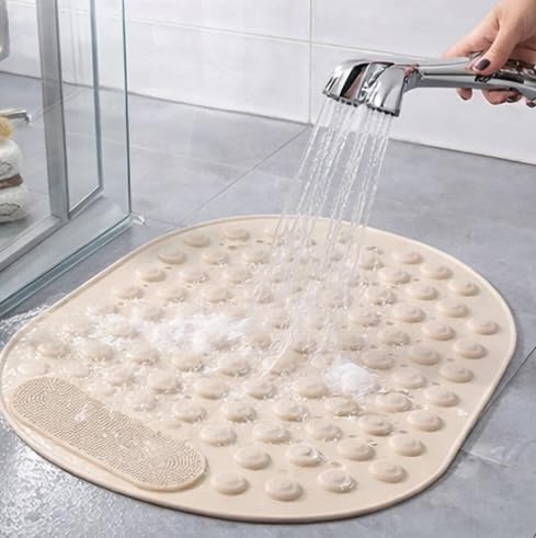 Image of Homecloud Anti Skid Mat for Bathroom Floor Shower mats for Bathroom Anti Slip with Foot Scrubber Bath mat Anti Slip with Suction Cups & Drain Holes (69x35 Cm) (Oval Beige)