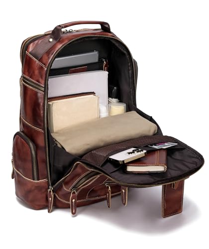 LANNSYNE Full Grain Leather Backpack For Men, Fits 16" Laptop, Coffee2