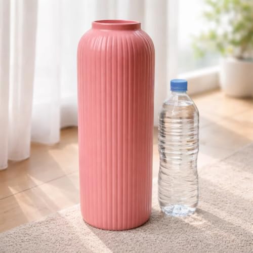 Image of SPHINX Ribbed Pipe Ceramic Vase, Flower Vase, Pampas Grass Vase, Vase for Money Plant Live Plants for Home, Office, or Gifts NO Flowers- (Glossy Pink, 9 Inch)