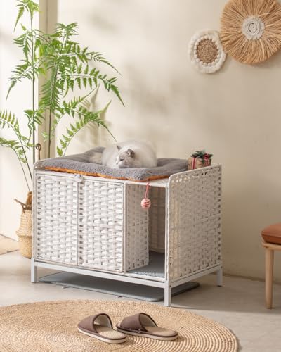 Image of SETVSON Cat Litter Box Enclosure Furniture with Divider, Hidden House White | Handwoven PE Rattan with Washable Mat, 3.54-In Heightened Metal Feet, 31.2 x 19.6 x 24.2 Inches Spacious Cabinet
