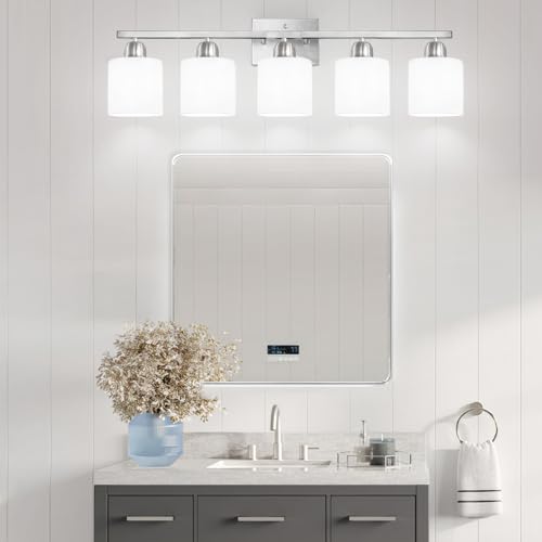 Image of 5 Light Bathroom Light Fixtures Brushed Nickel,Anti-Rust Finish Bathroom Vanity Light with Milky White Frosted Glass Shade for Mirror Bedroom Living Room E26 Base