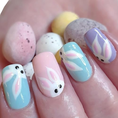 OCOUYVD Easter Press Nails Medium Fake Nails Gloss Acrylic Cute Bunny Stick on Nails Colorful Acrylic Nails Easter Press on Nails Medium Length Easter False Nails with Designs