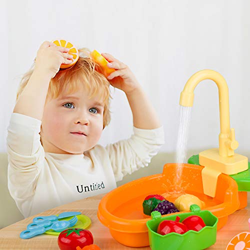 GrowthPic Play Kitchen Sink Toy Set, Water Toys for Kids with Electronic Dishwasher, Pretend Play Utensils Accessories and Play Cutting Food for Boys and Girls