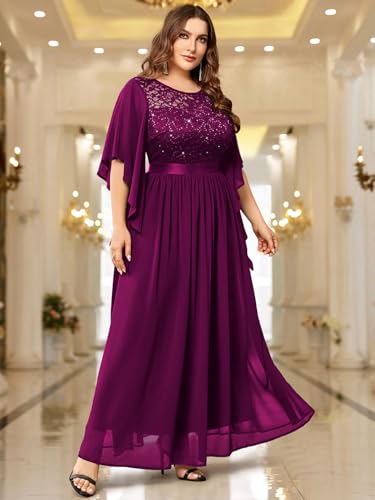 Image of Miusol Women's Plus Size Sequin Lace with Ruffle Cape Cloak Sleeves Elegant Evening Gown Wedding Guest Maxi Dress