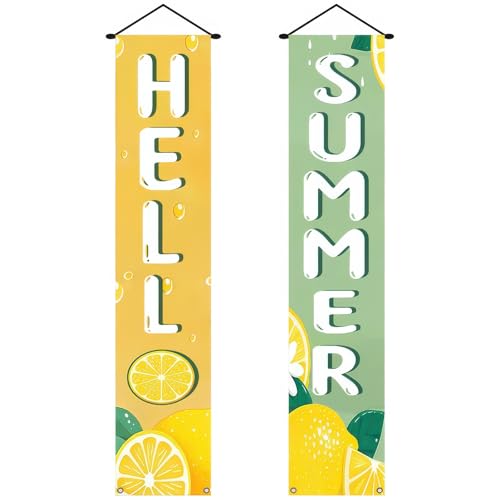Image of BlissYard 2pcs Hello Summer Door Banner Lemon Porch Banner Sign Sweet Summer Sunshine Front Door Hanging Decor Banners for Seasonal Home Hawaii Tropical Party Outdoor Decorations