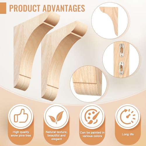 Image of Vercraft 4 Pcs Wood Corbels Wooden Shelf Brackets, Unfinished Paintable Bracket with Hanging Hook for Doorway Countertop Kitchen Cabinet Book Shelves, Rubber Wood (9 x 6-1 /2 x 1-3 /4 Inches)