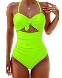 Tempt Me Women Neon Green Sexy Cutout One Piece Swimsuits Tummy Control High Waisted Halter Front Tie Knot Bathing Suit XS