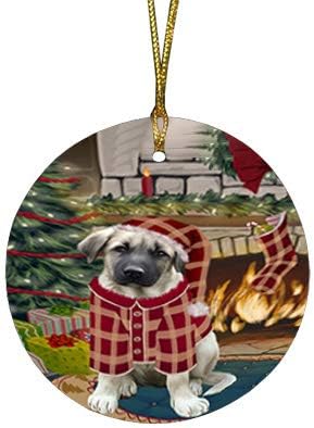 Santa Sled Dogs Anatolian Shepherd Christmas Round Flat Ornament - Pet Decorative Hanging Ornaments for Christmas X-mas Tree Decorations - 2.75" Round Flat Ceramic Christmas Ornament POR1559