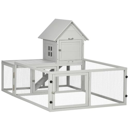 Image of PawHut Rabbit Hutch Outdoor with Run Tray, 151.5 x 106 x 97cm, Light Grey