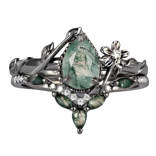 Natural Moss Agate Black Engagement Ring for Women 925 Sterling Silver or Solid Gold Engagement Ring Set Jewelry Gift for Her Customizable Bridal Wedding Ring Set Gift for Wife Optional Size 4-15