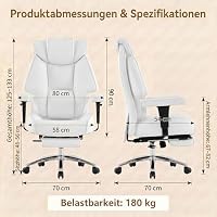 EXCEBET XXL Chefsessel bis 180kg Belastbar, Ergonomischer Bürostuhl mit Taschenfederkern, Breiter Drehstuhl für Schneidersitz, Dick Gepolstert, Hochlehner Managerstuhl mit Lendenwirbelstütze(Weiß) – Ansicht 2