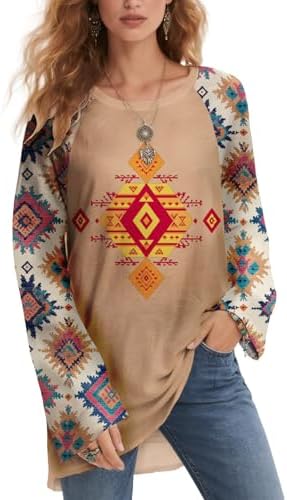 LOAIHA Women's Geometric Print Loose Fit Blouse Modern Boho Tunic Top Asymmetric Hem Casual Wide Sleeve Shirt Soft Polyester Ethnic Style Patterned Oversized Shirt for Spring and Fall