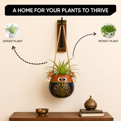 Image of AAKRITI ART CREATIONS Wall Hanging Planter with Hook | Brown & Blue Earthen Planter on Classic Hook, Modern Art, Matte Finish | Metal, Terracotta & Wood | Decorative Hanging Pot for Indoor & Outdoor