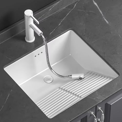 Pila Lavadero con Tabla de Lavar, Lavabo de Cerámica Baño, Lavabo Bajo Encimera, Incluye Grifo Extraíble y Kit Desagüe, Ideal para Baños, Lavaderos y Balcones(50x46cm/19.7x18in)