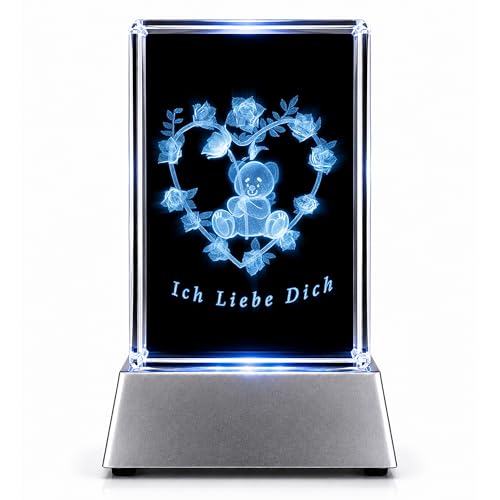 Kaltner Präsente Stimmungslicht LED Kerze/Kristall Glasblock / 3D-Laser-Gravur Teddy Rose Herz ICH Liebe Dich