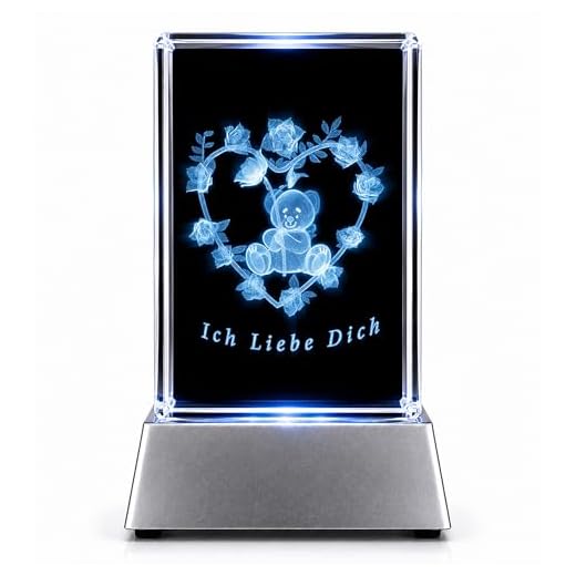 Kaltner Präsente Stimmungslicht LED Kerze/Kristall Glasblock / 3D-Laser-Gravur Teddy Rose Herz ICH Liebe Dich