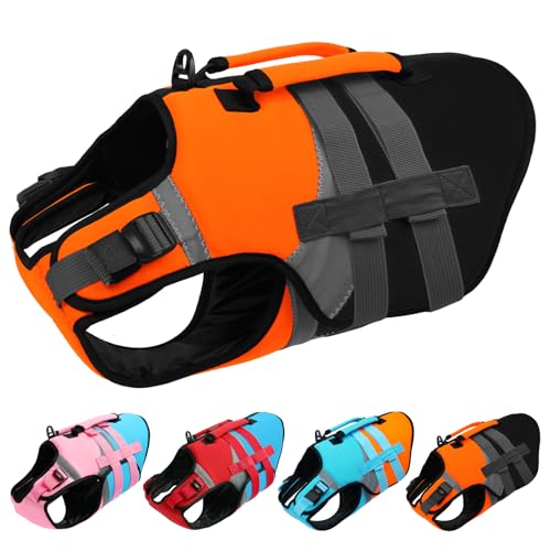 Kuoser Dog Life Jacket with Rescue Handle, High Flotation Dogs Swim Vest with Reflective Strips,Adjustable Dog Life Vest for Swimming, Boating, Pool&Beach, Doggy Lifejacket for Small Medium