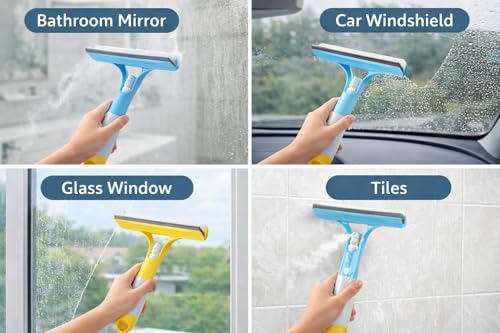 Image of 3-in-1 Spray Window Squeegee Cleaner with Built-in Water Bottle, Silicone Blade & Sponge | Glass Cleaning Tool for Bathroom, Car, Mirror & Windows | Streak-Free Cleaning (Multicolor)
