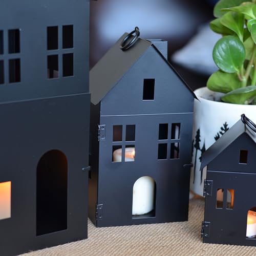 Image of Main Street Town House Candle Lanterns, Set of 3, Vintage Style, Architectural Details,Rustic Black, Metal, 13.75, 8.25, and 5 Inches Tall