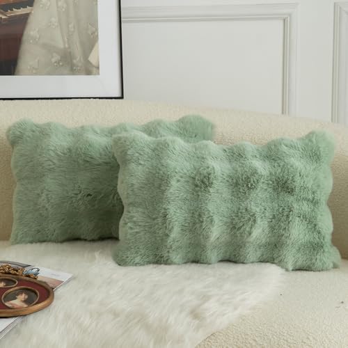 Image of MANDIOO Pack of 2 Thick Plush Wool Decorative Throw Pillow Covers Super Soft Wave Bubble Fur Velvet Cushion Covers Pillow Shams for Couch Bed Living Room 16x24 Inch Sage Green