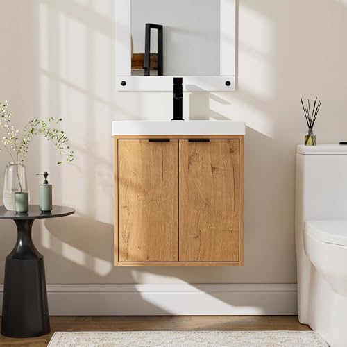 UEV Meuble de Salle de Bain Suspendu avec Vasque - Armoire sous-Lavabo 2 Portes Finition Bois - Gain de Place & Entretien Facile, Idéal pour Petites Salles de...