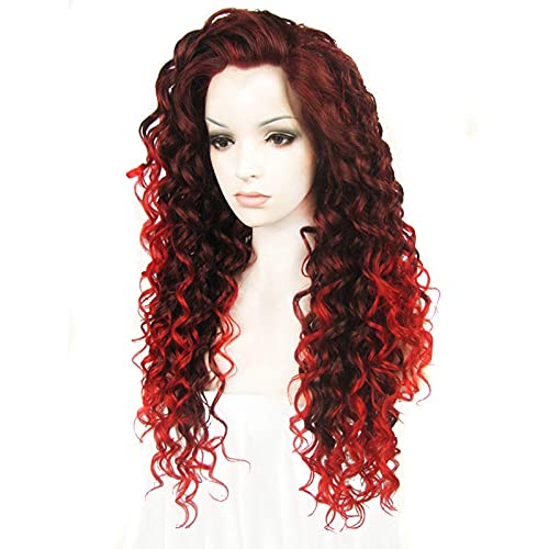 Ebingoo Red Black Lace Front Wig Red Curly Wig Black And Red Long Curly Free Part Synthetic Wig Burgundy Lace Front Wigs Red Wig For Women Party Halloween Drag Queen #TOP1