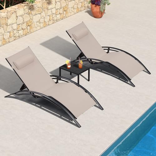 PURPLE LEAF XXL Lot de 2 Transat Jardin Extérieur Aluminium avec Table, Bain de Soleil 5 Positions Ajustables, Empilables, Coussin Amovible, Chaises Longues...