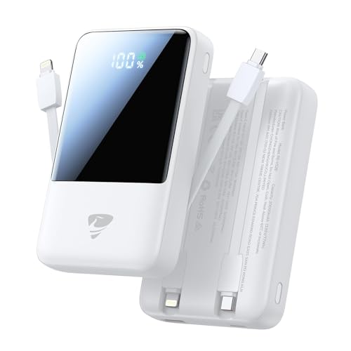 Power Bank 20000mAh, Tragbarer Ladegerät mit integriertem Kabel, 22,5W Schnellladefunktion, USB-C EIN-/Ausgang, LED-Anzeige, Powerbank Klein für iPhone 17 16 15 14 13 12 11, Reisen Camping Outdoor