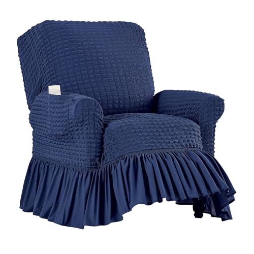 Collections Etc Textured Squares Ruffled Slipcover Navy Recliner