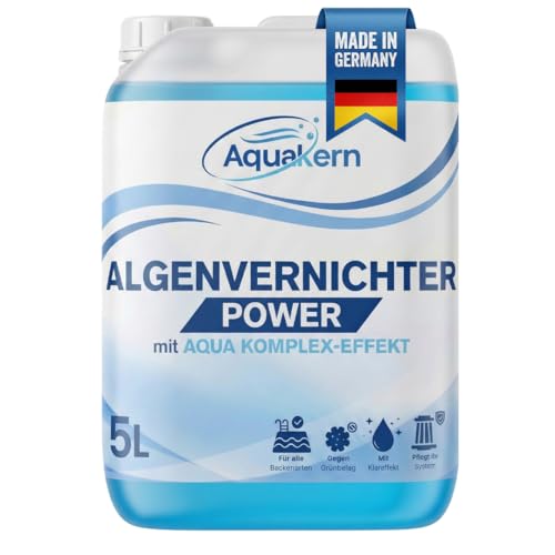 Aquakern Algenvernichter Power 5L [mit Aqua KLAR KOMPLEX] entfernt Grünbelag | Algizid bei Grünalgen | Für mehr als 250.000 Liter | Schaumfreier Algenverhüter | Algenschutz für Pool | Made in Germany