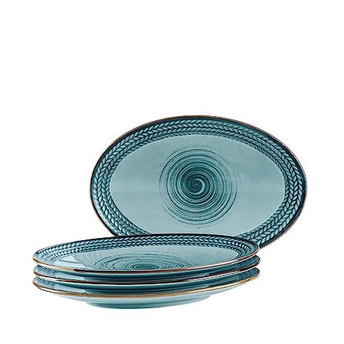 MÄSER 935017 Série Prospero Lot de 4 assiettes peintes à la main de qualité gastronomique, idéales également comme assiettes à apéritif, style vintage moderne, porcelaine, bleu