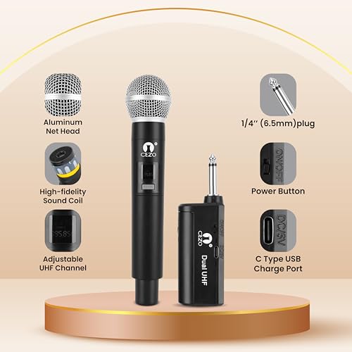 Image of CEZO Wireless Microphone Dual UHF Dynamic Handheld Wireless Microphone System for iPhone, Computer, Karaoke, Conference, DJ, Vocal Recording, Singing, Church, on Stage Performance, Party Events