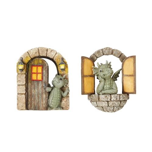3 Pagen® 2er Set Wanddekoration Drache – wetterfest – detailverliebtes Design – Burgtür und Burgfenster mit Drache – Dekoidee für Garten Terrasse oder Balkon – märchenhaft und originell