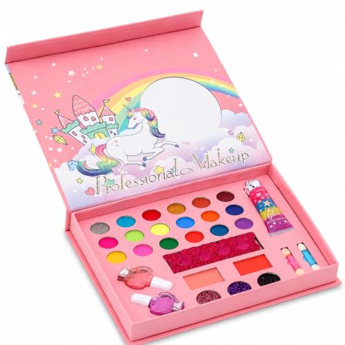 Image of PLUSPOINT Unicorn Kids Makeup Kit for Girls | Pretend Play Beauty Set | Non-Toxic Washable Makeup Toy | Eyeshadow, Blush, Lip Gloss & Accessories | Birthday Gift for Girls Age 5+ Years