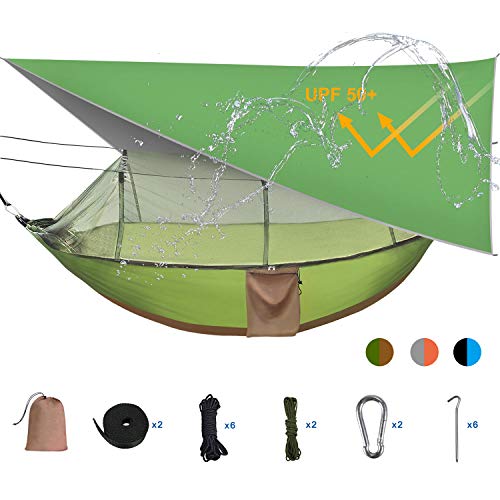 Sotech Hamaca de Camping , Hamaca Colgante Doble con mosquitera y Lona para Lluvia, Portátil con 2 Capas de Nylon, Columpio de Jardín, para uso en Exterior o Interior, Mochila, Verde / Verde Oscuro