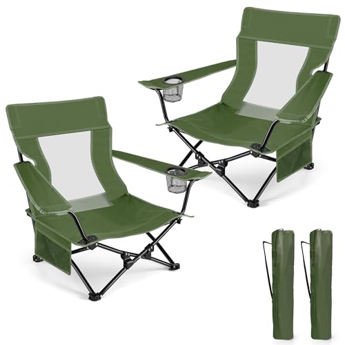 Image of HaSteeL Folding Beach Chair Set of 2, Foldable Green Camping Chairs for Outside, Low Beach Chair Portable for Adults Fishing, Picnic, Outdoor BBQ, Travel, Sports, Cup Holder & Storage Bag