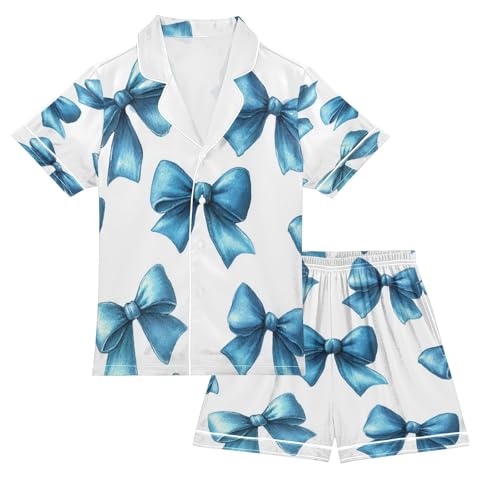 Satin Pajama Sets Short Sleeve Blue Bows on White Button Down Silky Nightwear 2 Piece PJS 5-14Y