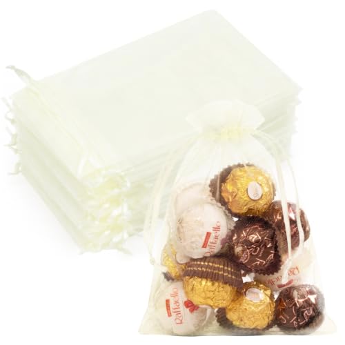 Image of Crweety 50PCS Organza Bags 5x7 Ivory Small Gift Bags Mesh Drawstring | Party Favor Goodie Bag Bulk, Jewelry Sachet Candy Treat Soap Makeup Pouches, Wrap for Wedding Baby Shower Birthday Halloween