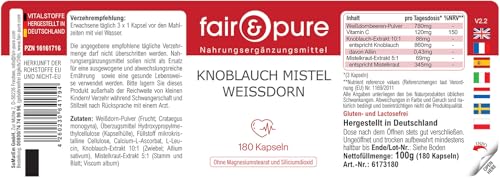 Fair & Pure Knoblauch Kapseln mit Mistel, Weißdorn und Vitamin C, 180 Stück, schluckfreundlich, veganes Nahrungsergänzungsmittel ohne Zusätze, in Deutschland hergestellt