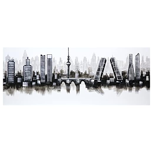Cuadroexpres - Cuadro XXL pintado Skyline de Madrid en Blanco y Negro 150x60 cm, sobre lienzo, Listo para colgar. 100% Original