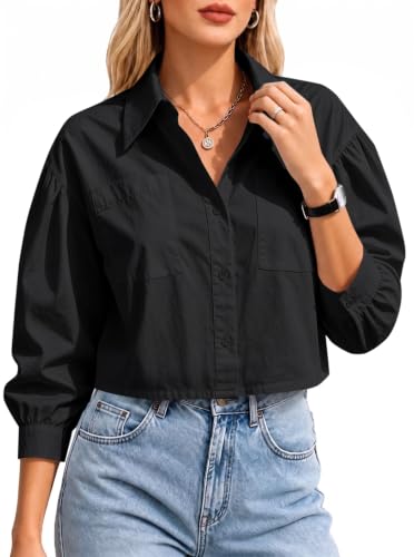 Avanova Women 3/4 Sleeve Cropped Blouse Button Down Shirt Black